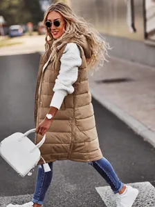 Stylish long hooded puffer vest in beige color for women street style fashion outfit