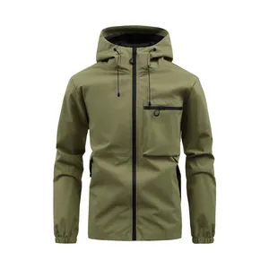 Men's olive green hooded waterproof windbreaker outdoor jacket for spring and autumn seasons