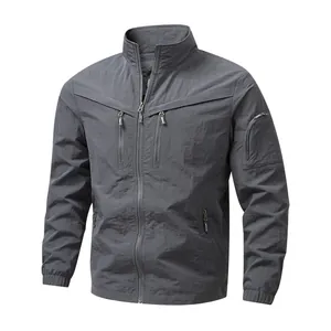 Men's versatile dark grey casual jacket with stand collar and multi-pocket design