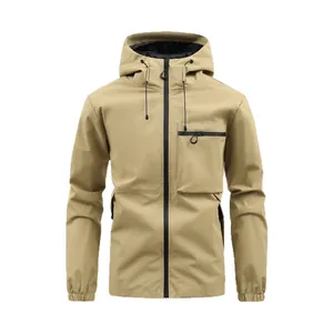Men's khaki waterproof hooded windbreaker outdoor jacket with front zip and chest pocket