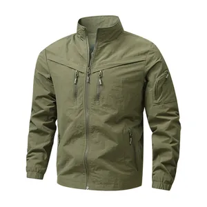 Men's casual olive green windbreaker jacket with multi-pocket design and stand collar