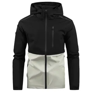 Men's Casual Hooded Windbreaker Jacket Outdoor Color Block Splicing Zipper Top Outwear Polyester Jacket For Spring Autumn
