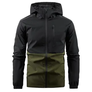 Men's outdoor hooded windbreaker jacket in black and olive green color-block design