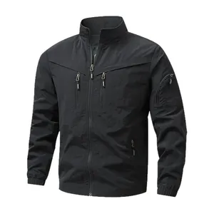 Stylish men's casual black lightweight jacket with stand collar and functional zipper pockets