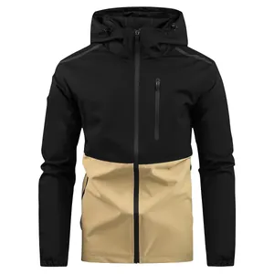 Men's professional outdoor hooded windbreaker jacket featuring a stylish black and tan color block design