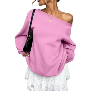 Women Slant Neck Off Shoulder Sweatshirt Long Sleeve Polyester Solid Color Loose Fit Casual Top Pullover