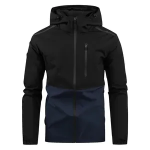 Professional men's hooded windbreaker jacket with black and navy blue two-tone design