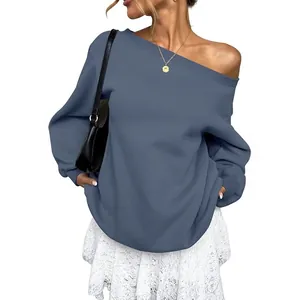 Chic solid dusty blue off-the-shoulder sweatshirt for casual autumn fashion style