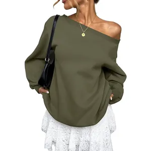 Stylish women's olive green off-the-shoulder long sleeve sweatshirt in a loose fit.