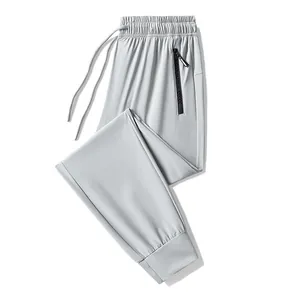 Premium men's ice silk quick-dry sports joggers with secure zipper pocket in light grey finish