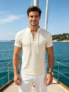 Men's cream lace-up V-neck waffle knit short sleeve t-shirt shown in yacht setting