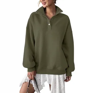 Oversized women's olive green Henley collar fleece lined sweatshirt long sleeve
