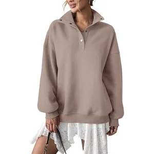 Oversized women's fleece Henley sweatshirt with button-down lapel in taupe brown