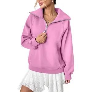 Felpa da donna rosa con mezza zip in pile, vestibilità ampia e tasche alla moda trendy
