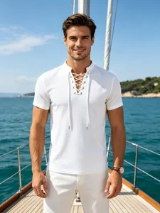 Men's Casual Waffle Knit Top Lace-up V Neck Short Sleeve Summer Beach Vacation T-Shirt Breathable Solid Color Polyester Top