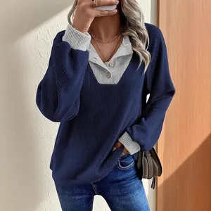 Casual losse gebreide damestrui met lange mouwen in marineblauw en grijs met ribstructuur