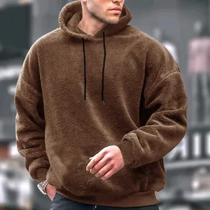 Sweat à Capuche Décontracté d'Hiver pour Hommes Polaire de Corail Chaude Pull Épais Couleur Unie Coupe Ample Manches Longues