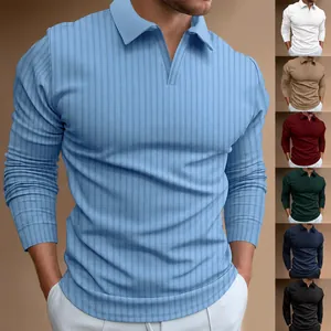 Men Slim Fit Polyester Polo Shirt Ribbed Texture Long Sleeve Top V-Neck Stand Collar Sport Fitness Casual Pullover