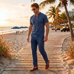 Stylish men's blue waffle knit lace-up short sleeve shirt and trousers beach set