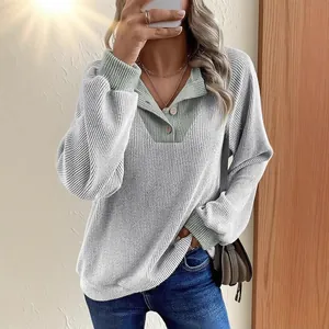 Dames casual losse gebreide trui met afhangende schouders en geribbelde kleurvlakken