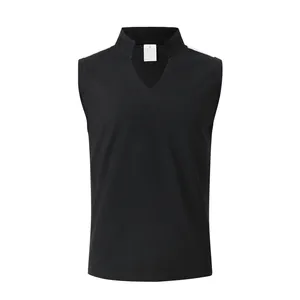 Vista frontale canotta sportiva nera in maglia a nido d'ape scollo a V con strisce bianche