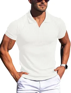 Men's slim fit white ribbed V-neck short sleeve Polo shirt detail view.