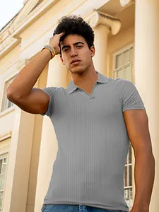 Men's slim fit grey V-neck ribbed Polo shirt presented on a model in outdoor setting