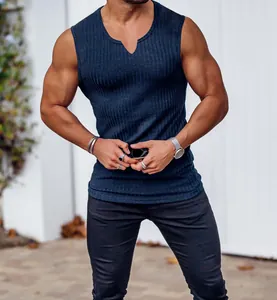 Detail of men's dark blue ribbed tank top with ice silk cooling fabric and V-neck
