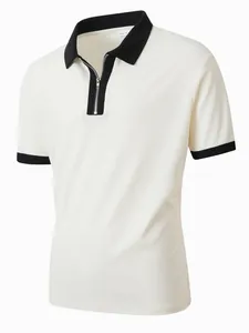 Detailansicht Herren Polo-Shirt in Weiß mit schwarzem Kontrastkragen und Reißverschluss