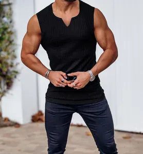 Close-up of black ice silk ribbed vest showing athletic fit and stylish V-neck detail