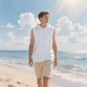 Chaleco deportivo con capucha sin mangas para hombre blanco, ideal para fitness playa