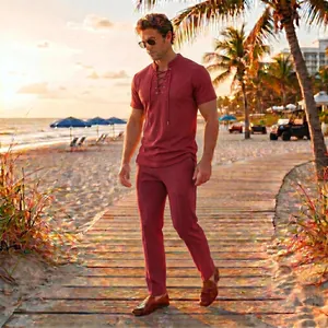 Men's summer casual two-piece set featuring lace-up short sleeve shirt and trousers