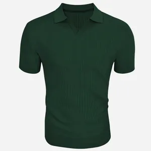 Detail of dark green ribbed knit polo shirt with stylish buttonless V-neck design