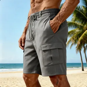 Men's breathable gray cargo beach shorts with drawstring elastic waist and side pocket