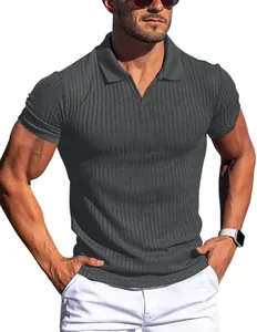 Macro view showing the texture of men's slim fit ribbed knit polo shirt with V-neck