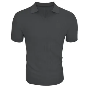 Close-up of men's charcoal grey short-sleeved ribbed polo shirt with V-neck