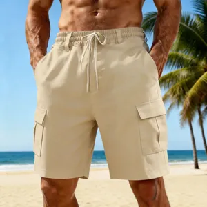Men's khaki linen cargo shorts with drawstring elastic waist for casual beach wear