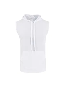 Vista frontal de la camiseta blanca con capucha sin mangas y bolsillo tipo canguro