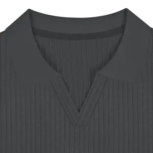 High-quality close-up of charcoal grey ribbed polo shirt featuring a minimalist V-neck design
