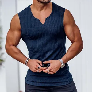 Close-up of a men's dark blue ice silk tank top featuring a slim fit and ribbed texture.