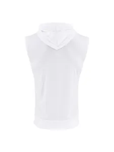 Vista trasera de chaleco con capucha sin mangas blanco para hombre, fitness