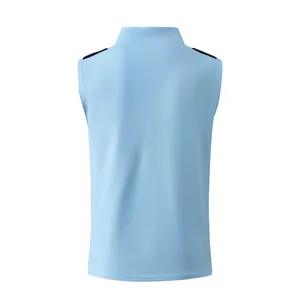 Vista posteriore del gilet senza maniche azzurro in maglia a nido d'ape con strisce