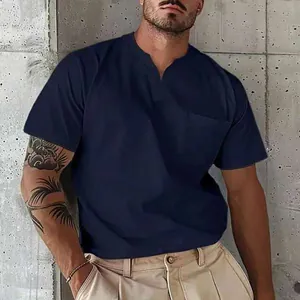 High quality close-up of men's navy blue short sleeve V-neck T-shirt with chest pocket