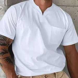 Close-up of white men's V-neck t-shirt featuring a chest pocket and soft cotton fabric