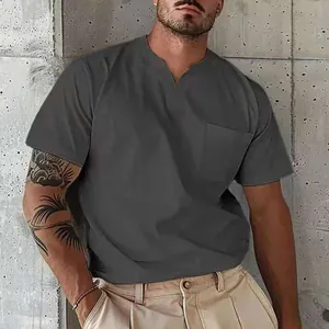 Detailed view of men's charcoal grey short sleeve T-shirt with a V-neck and chest pocket