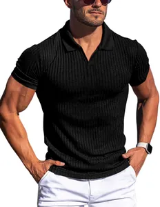 Detailed view of men's black slim fit v-neck ribbed short sleeve polo shirt for summer