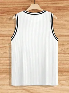 Back view of men's white ribbed knit tank top featuring black athletic striped trim