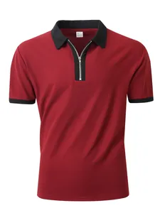 Rotes Herren-Polohemd mit kurzem Arm, schwarzem Kontrastkragen und halbem Reißverschluss