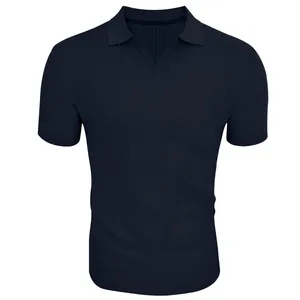 High-quality detail of men's navy blue ribbed knit V-neck short sleeve polo shirt