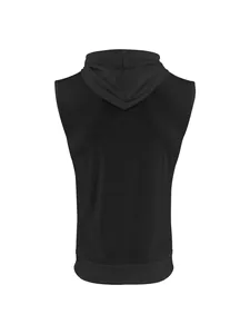 Vista trasera de la sudadera con capucha negra sin mangas para hombre deportista.